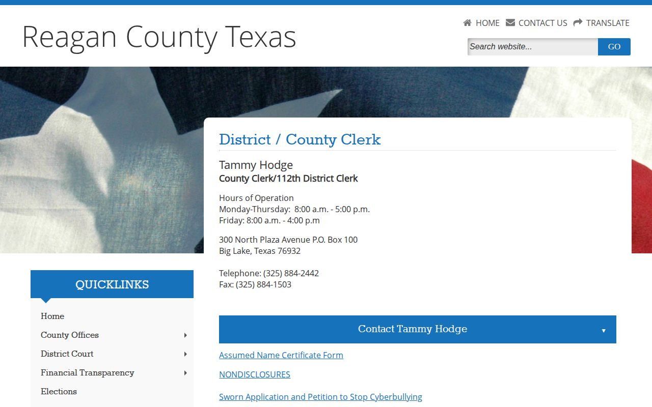 Reagan County and 112th District Clerk contact and court record page