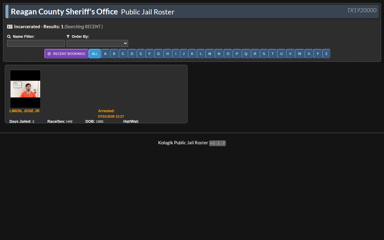 Reagan County current inmate roster landing page without public release history