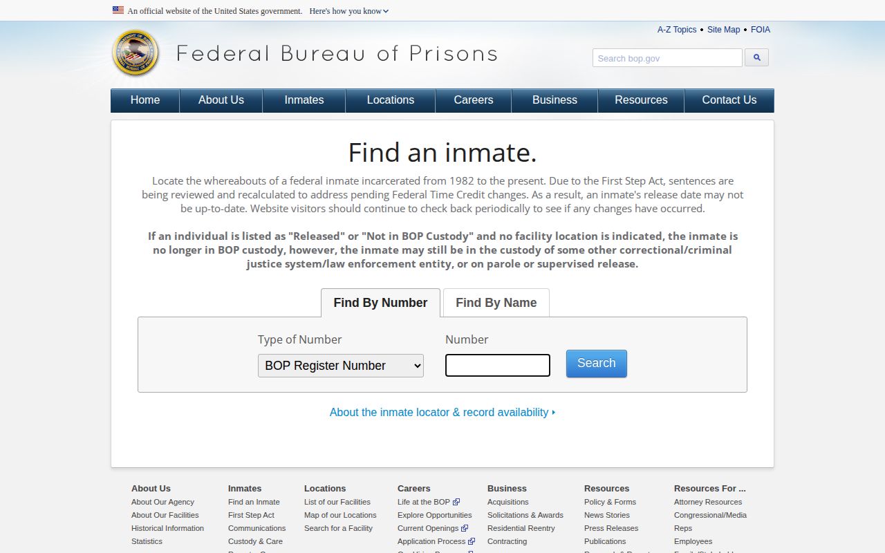Federal Bureau of Prisons locator showing federal custody and release fields