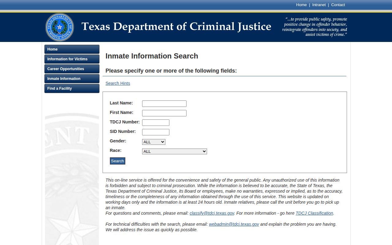 TDCJ inmate search form used for Reagan County projected release dates